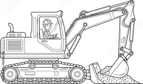 Fotografie Construction excavator with operator digging soil, detailed line art coloring pa