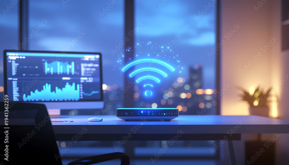 Fototapeta premium Futuristic Home WiFi Router with Glowing Holographic Wireless Signal in Modern Smart Workspace