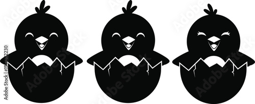 Cute baby chick hatching from egg silhouette set, cartoon chicken vector illustration collection, adorable newborn bird icons isolated on light background for nursery design