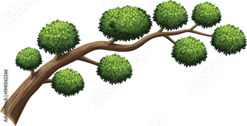 Curved tree branch with green leafy bushes isolated on white background, natural forest plant vector illustration for garden design, landscape decoration and botanical concept