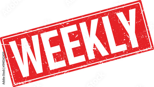 Red Distressed Rubber Stamp with Weekly Text, Rectangle Shape on White Background