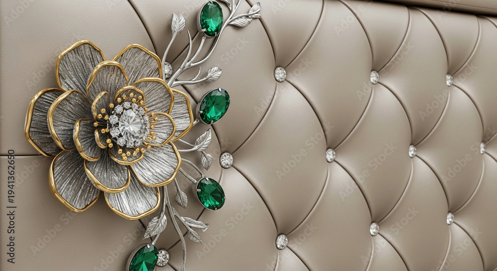 Fototapeta premium Close-up of upholstered headboard with flower detail and gemstone accent, showcasing elegance and luxury, representing refinement, affluence and high-end design