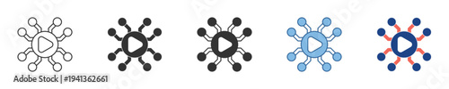Versatile icon set depicting decentralized digital content distribution, showcasing networked media playback and interconnected streaming services for modern technological platforms