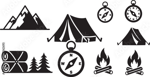 Camping and outdoor adventure icons and symbols set collection