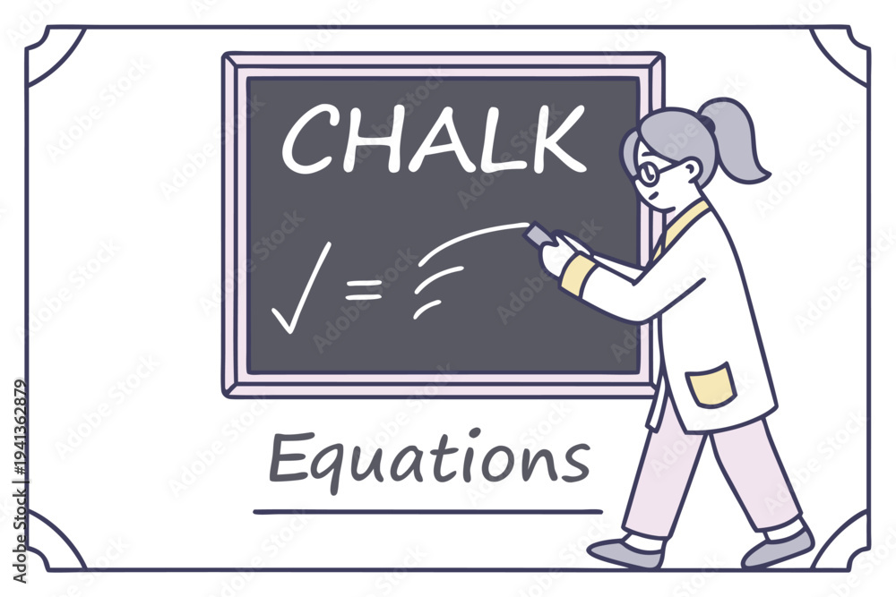Naklejka premium Female instructor writing CHALK and mathematical equations on a classic blackboard