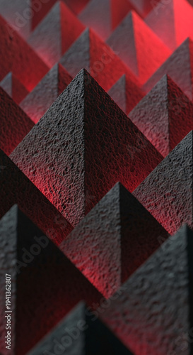 Abstract textured pyramid arrangement with red lighting, creating a geometrical and intriguing visual, potentially representing strength and foundation