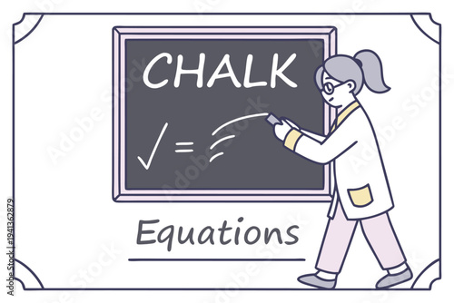Female instructor writing CHALK and mathematical equations on a classic blackboard