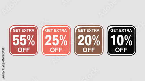 Group of four square sale discount tags with rounded corners, displaying percentages 55%, 25%, 20%, 10% off. retail promotion graphics