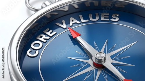 Core Values Compass Interface Highlighting Integrity, Leadership, and Corporate Principles Symbolizing Organizational Ethics, Strategic Direction, and Professional Business Culture