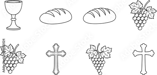 Religious symbols of communion: chalice, bread, grapes, and crosses in a simple line art style
