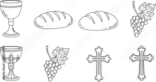 Christian symbols of communion: chalice, bread, grapes, and crosses in a simple line art style