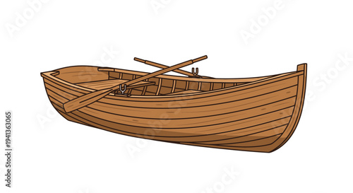 A detailed illustration of a classic wooden rowboat with oars