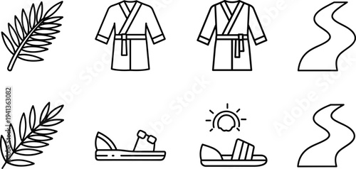 Collection of simple line art icons representing summer vacation and relaxation elements