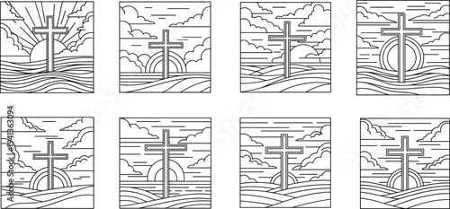 Collection of Christian cross illustrations with sunrise and wavy landscapes in line art style