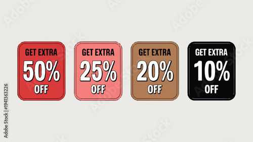 Collection of four sale discount tags in rounded squares, each stating 'displaying percentages get 50%, 25%, 20%, 10% off'. retail promotion graphics in various colors