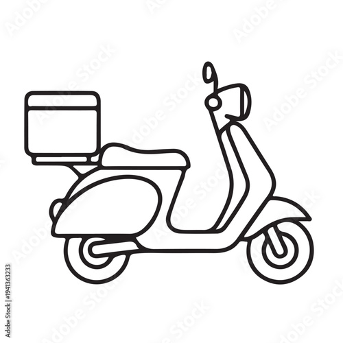 Delivery Scooter Vector Icon with Cargo Box, Black Line Art Moped Illustration for Food Shipping and Logistics Services, Isolated Outline Motorbike on White Background
