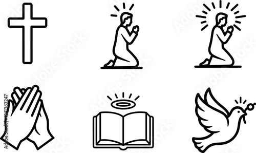 Collection of religious icons including a cross, praying hands, dove, and open book