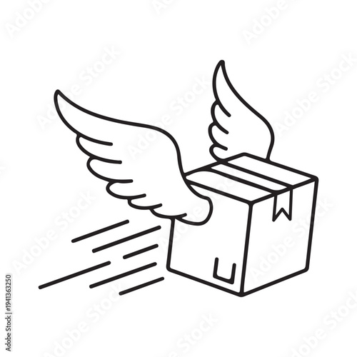 Fast Delivery Icon Vector Illustration of Flying Cardboard Box with Wings for Express Shipping, Logistics, and E-commerce Service Concepts Isolated on White Background