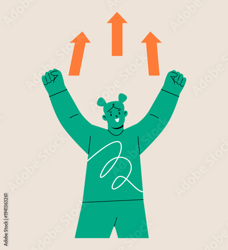 Woman standing with raised hands up and rising up arrow. Happy and powerful concept. Colorful vector illustration