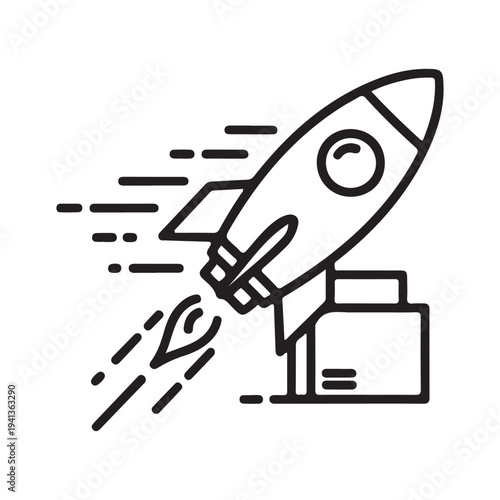 Rocket Launch Icon Vector Illustration, Minimalist Black Line Art Spaceship Taking Off from Launchpad, Startup Business Growth and Innovation Concept Symbol on White Background