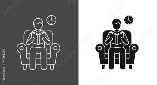A minimalist graphic illustration of a man sitting in an armchair reading a book with clocks floating above, depicted in both white line art on dark gray and black silhouette on white.