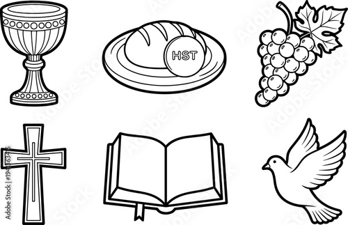 Religious symbols collection: chalice, bread, grapes, cross, bible, and dove