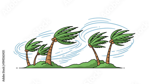 Group of palm trees bending and swaying under the intense force of strong winds and swirling rain during a tropical hurricane or storm.