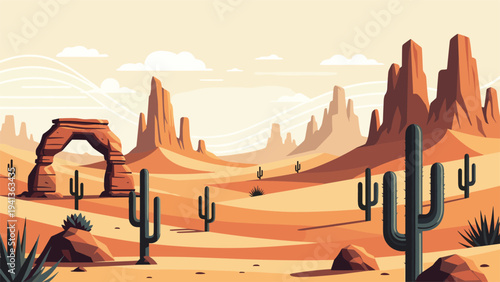 Vast desert landscape features several tall cacti, rolling sand dunes, a natural rock arch formation, and distant mountain peaks under a pale sky.
