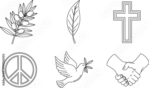 Collection of peace and harmony symbols including olive branch, dove, and handshake