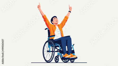 Happy young man in a wheelchair raising his arms in celebration and joy to represent empowerment, success, and inclusion for people with disabilities.