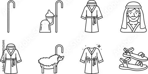 Collection of religious icons representing nativity and shepherd themes in a simple line art style