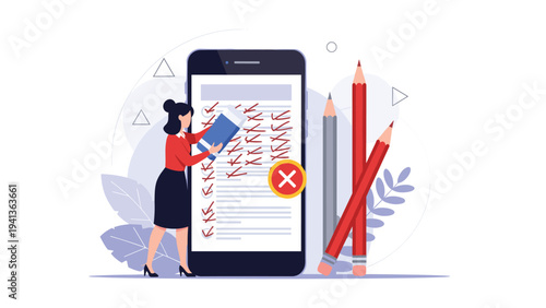 Business woman using a giant eraser to remove red cross marks from a list on a large smartphone screen symbolizing error correction and editing.
