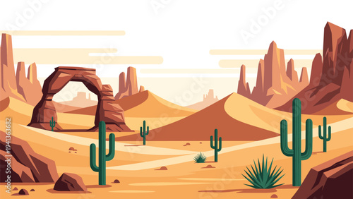 Beautiful desert landscape featuring a large natural rock arch, sand dunes, and various cacti under a warm sky in a stylized vector illustration.