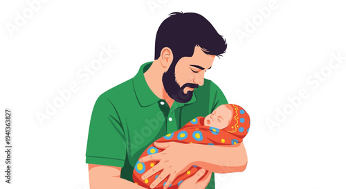 A loving father gently holds his newborn baby in a tender embrace