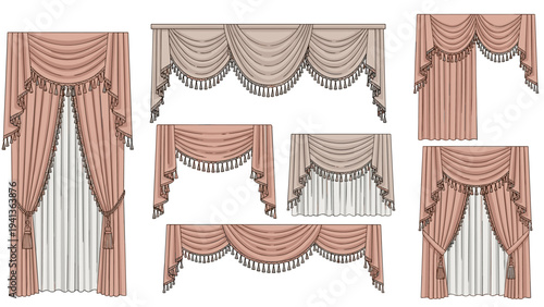 Set of elegant classical curtain designs featuring swags, valances, and decorative tassels in soft peach and beige tones for interior decor.