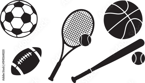 Sports equipment icons including balls and rackets silhouettes