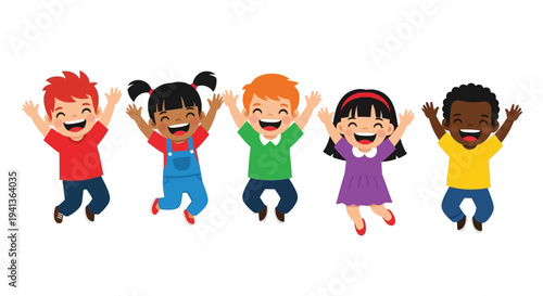 Diverse group of children jumping with arms raised in joyful motion