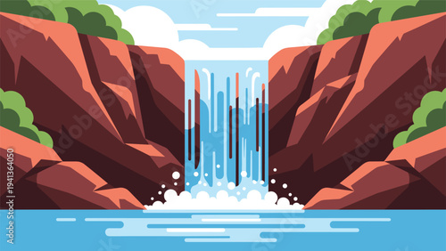 Vibrant flat landscape illustration showing a powerful blue waterfall cascading down between steep red rock cliffs into a calm lake below.