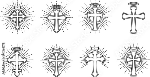 Collection of stylized Christian crosses with halos and sunbursts, simple line art icons