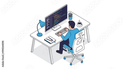 Isometric illustration of a male developer or programmer sitting at a modern desk working on code displayed on a large computer monitor.