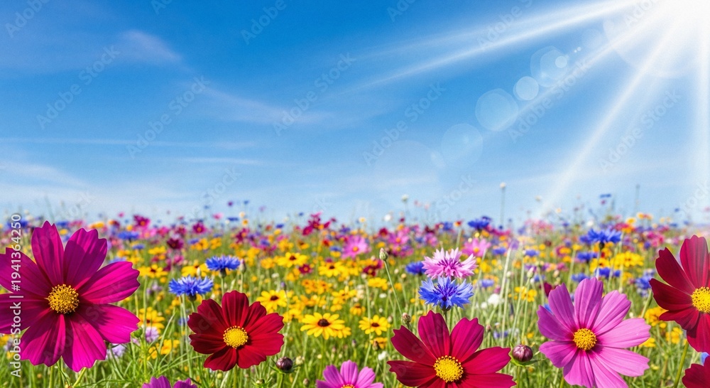Obraz premium Vibrant Wildflower Meadow Blooming Serene Under Clear Blue Sky with Radiant Sun Rays and Lens Flares