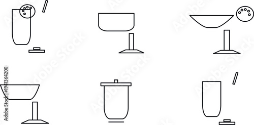 A set of simple line drawings of various bathroom sinks and toilets