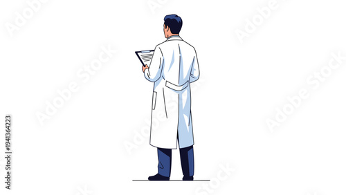Full length back view illustration of a male doctor or medical professional wearing a white lab coat and holding a patient clipboard.