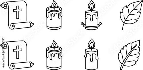 Set of religious symbols and illustrations featuring candles and leaves