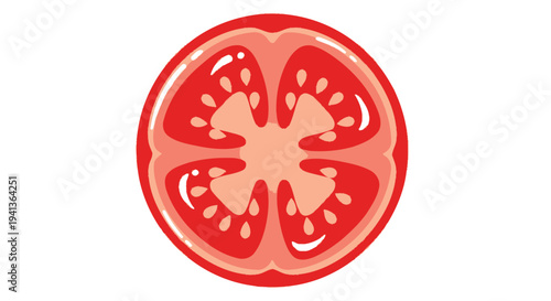 A vibrant cartoon illustration of a tomato cut in half revealing seeds