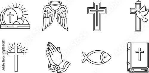 Collection of Christian religious symbols including cross, dove, angel wings, and Bible