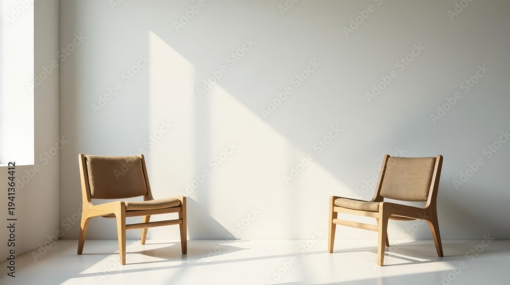 Obraz premium Two light wooden chairs with neutral upholstery sit in a sunlit minimalist room