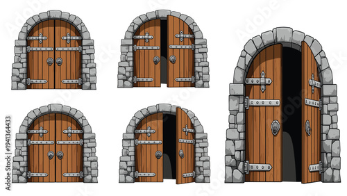 Assorted architectural illustrations of medieval style wooden doors set within stone archways, shown in both open and closed positions.
