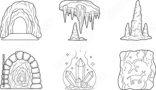 Collection of cave entrances, stalactites, crystals, and ancient rock art