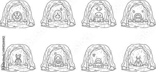 Collection of eight cartoon caves with unique monster characters inside each one